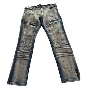 ArkeType Jeans Mens 38x32 Blue Acid Washed Dripped Ripped Distressed Stretch